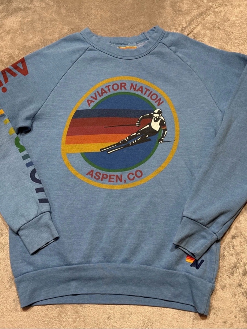 Aviator Nation Light Blue Crewneck with Retro Ski Graphic